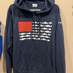 Columbia Navy Hoodie with Red and White fish flag
